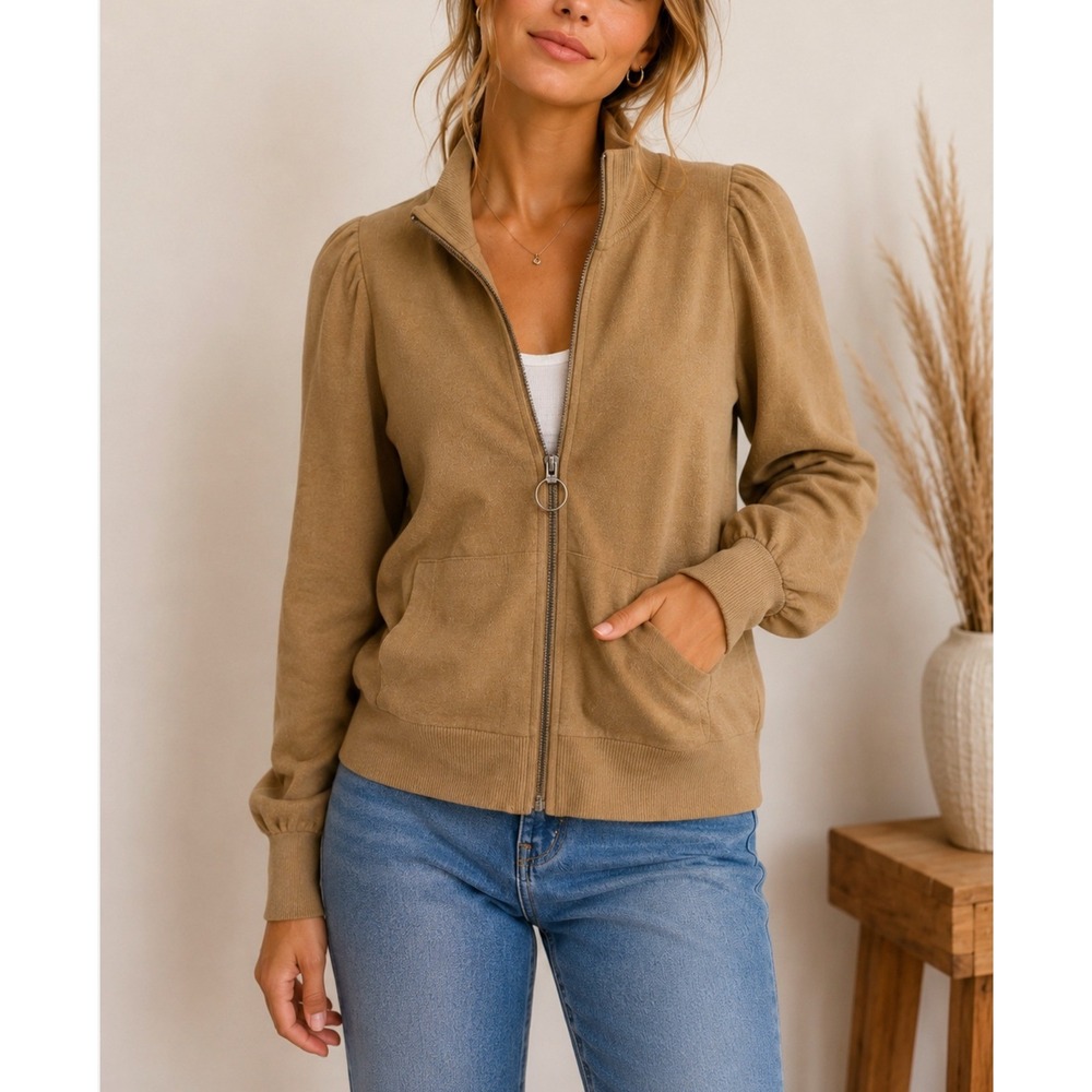 Madewell Puff Shoulder Zip Front Sweatshirt Brown Tan - M